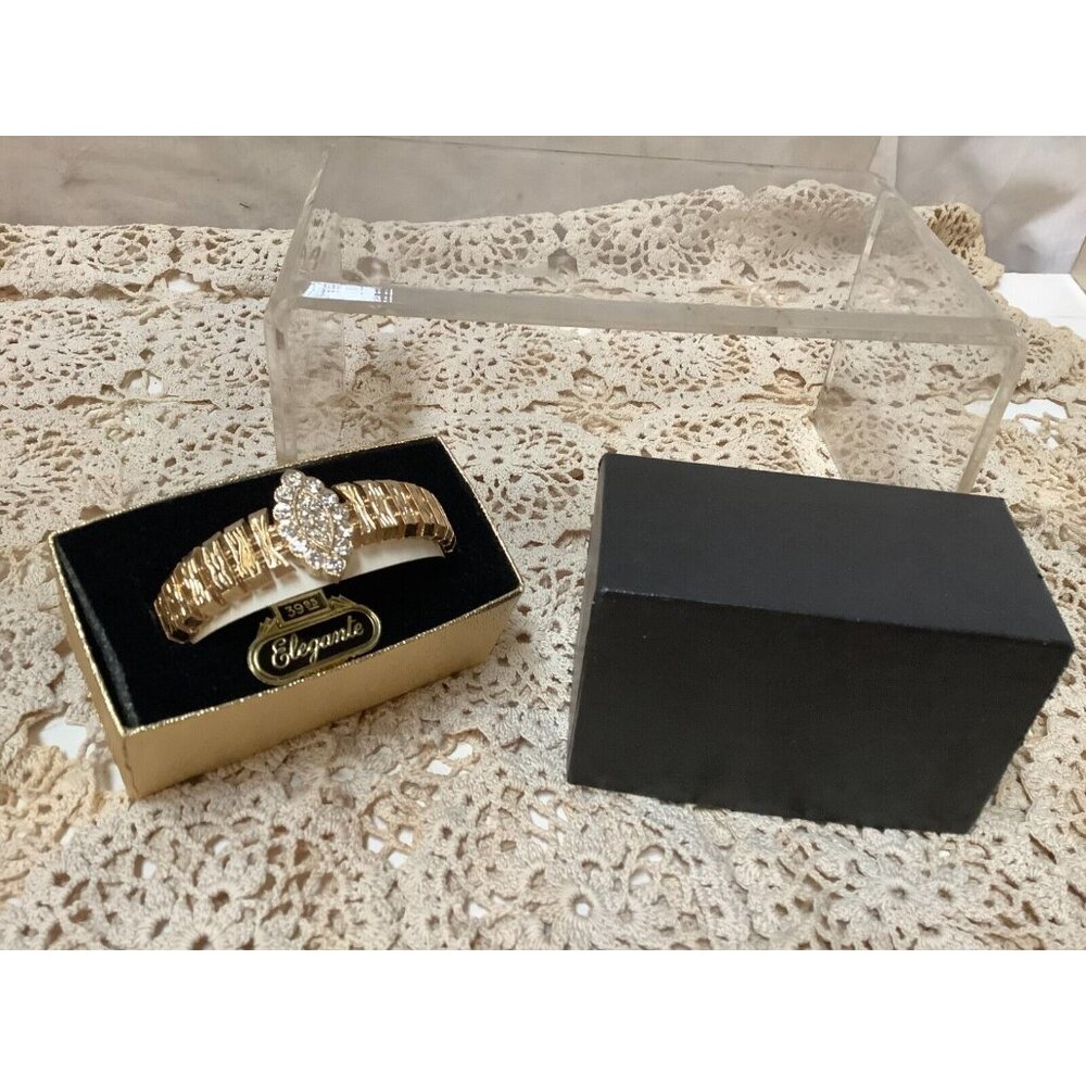 1970s Cuff Bracelet By Elegante Clear Rhinestone Gold Tone-NOS MCM D